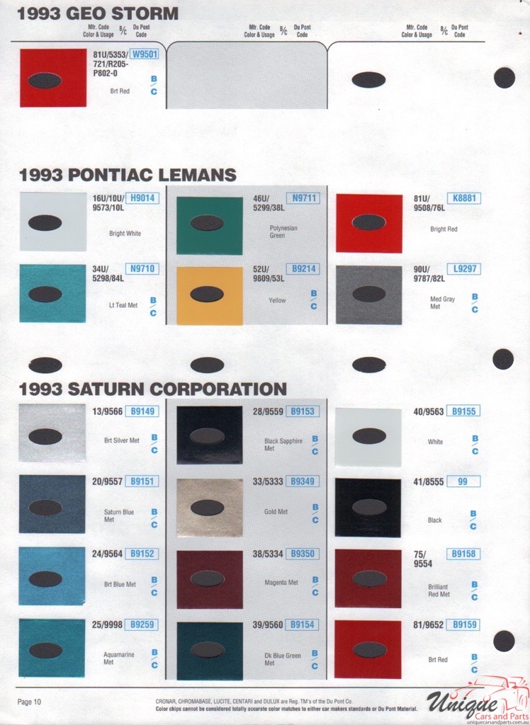 1993 General Motors Paint Charts DuPont 13